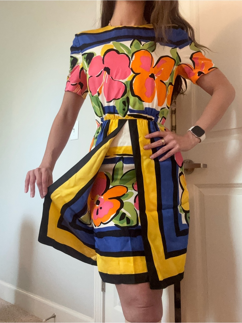 Vintage 80s Bill Blass Bergdorf Goodman 100% Silk Floral Border Print Dress 4